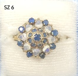 SZ 6 Princess Ring With Blue And Opaque Gemstones