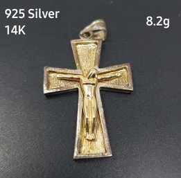 .925 & 14K  Yellow Gold Cross Pendant  8.2g