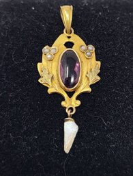 10K Yellow Gold Antique Pendant With Amethyst Gemstone