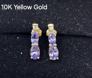 10K Yellow Gold Earrings With Purple Gemstones (Tanzanite?) And Diamond
