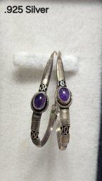 .925 Sterling Silver Hoop Earrings With Purple Gemstone Accents