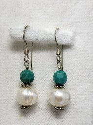 Silver .925 Sterling  Wire Drop Earrings With Green And White Beads