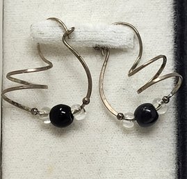 Sterling Silver Wire Earrings With Black And Clear Beads