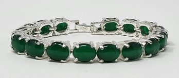 Avon Silver Colored Bracelet With Cat Eye Green Stones 7.5'L