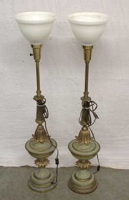 Vintage Pair Of Tall Table Lamps W/glass Shades, 39'H  (127)