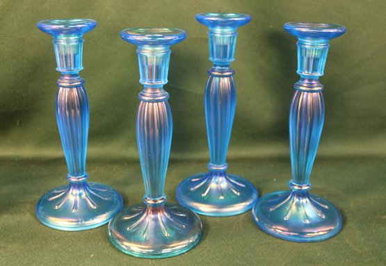 Antique Matching 4 Fenton Iridized Celestial Blue Glass Candle Sticks, 8,5'H  (167)