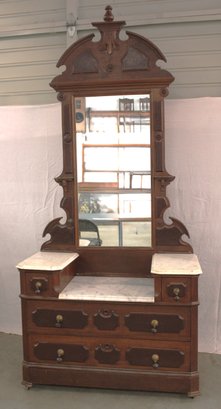 Antique Drop Front Marble Top Dresser W/ Mirror & Secret Drawer, 43x20x91'H  (250)