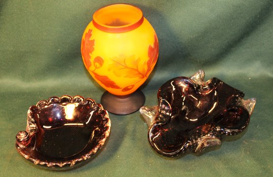 2 Purple Murano Glass Bowls & Cameo Glass Vase, 7'H  (302)