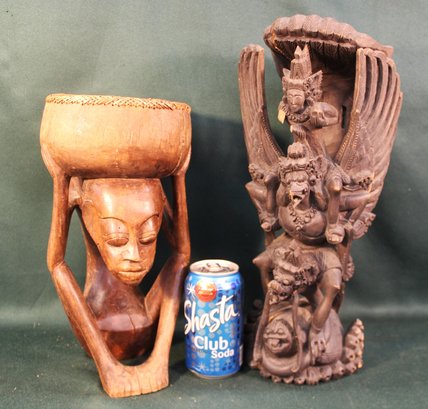 African Wood Carving 12'H & Balinese Wood Sculpture 15'H, Has Damage  (389)