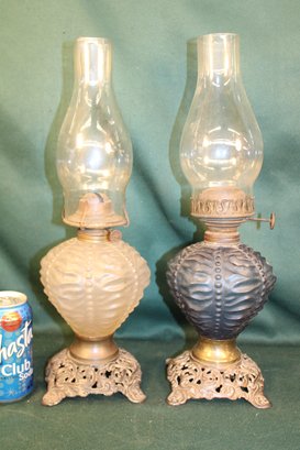 Matched Pair Oil Lamps W/Burners And Chimneys, 17'H  (427)