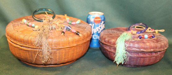 2 Fully Decorated Chinese Antique Sewing Baskets, 9' & 10'd  (5)