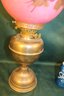Banquet Oil Lamp, Unelectrified, Double Burner, Hand Painted Shade, Brass Base, 8'D, 22'H   (206)