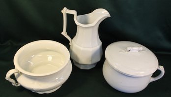 2 Chamber Pots & One Lid, Large Pitcher -johnson Bros & Superior - 3 Chips On Inside Of Lid   (100)