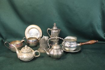 Rogers Sugar/creamer, Warren Covered Creamer, Pewter Gravy & Tray, 2 Oriental Tea Pots, Cup Holder 1899  (102)