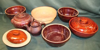 Brown Stoneware 1920s-30s Some USA & Some Chips- 8 Pcs (6 Bowls, 2 Lids) 9-11'D,  Bean Pot, Teapot  (103)