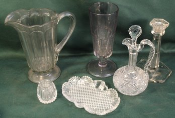 6 Pcs Glassware - 8'H Old Pitcher, 8'H STP Tall Stem, 7' Candlestick, 8'cruet, 2' Toothpick, 7x5' Bowl  (104)