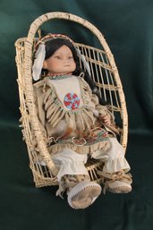 Native American Porcelain Doll In Woven Cradleboard, Damage To  Handle, 14x8x22'H  (105)