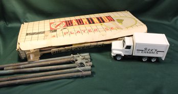 Vintage Badminton Set, See's Candy Toy Truck,  Copper Wind Chimes   (106)