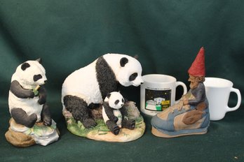 2 Porcelain Panda Figures 7'H, One By Andrea & Troll By Clark 1990, 2 Mugs  (107)