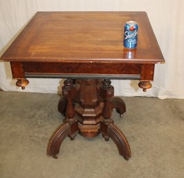Victorian Rosewood Ornate Table With Inlaid Top & Burled Apron Corners, Circa 1875   (109)