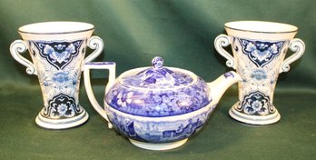 Antique Pair Porcelain Vases, V&BM, 6'H , Wedgewood Teapot W/crack And Chipped Spout  (109)