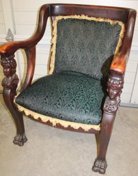 Antiique Upholstered Claw Footed Arm Chair W/ Fancy Carved Faces, 27'x 25'x 36'H  (10)