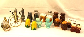 10 Pair Collectible  Salt & Pepper Shakers - Ceramic, Wood, Pewter, Silver Plate, Metal, Glass   (10)