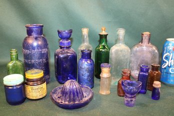 14 Bottles Including Wyeth Eye Cup Bottle & Extra Eye Cup, Blue Juicer, Poison Bottle, Olive Tar, More  (10)