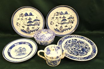 4 Blue & White Porcelain Plates, 8-10'D - Copland Spode Covered Jar, Chinese Tea Pot    (110)