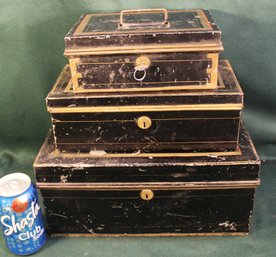 Set Of 3 Antique Locking Metal Boxes W/key - 13x9x6', 11x5x4', 8x6x3'  (111)