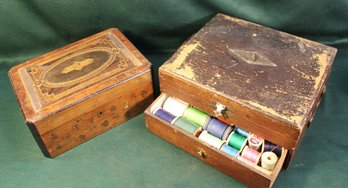 2 Wood Boxes 0 One W/lift Top & Drawer 10x9x4.5'H & 10x7x4'H, Includes Some Wood Spools Of Thread,    (112)