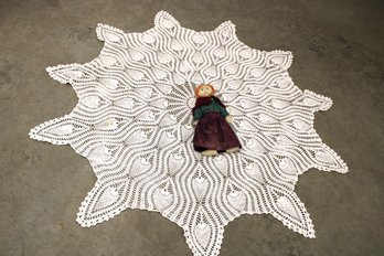 Crocheted 50' Round Tablecloth & Old 15' Cloth Doll  (112)