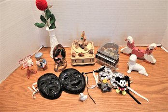 Misc. Lot - 2 Working Music Boxes, 2 Theater Masks, Brick-a-brac (113)