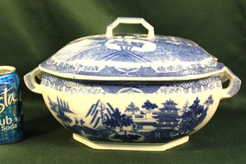 Large Transferware  Soup Tureen With Id, Old Repaired Using Staples, 14x9x8'H (113)