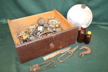 Drawer Full Of Hardware - Knobs & Pulls W/ Canteen, Bottles, Gopher Trap, Hook, More      (114)
