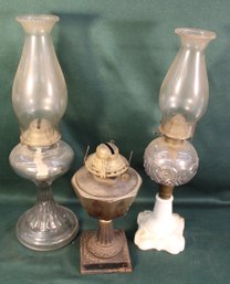 3 Complete  19th Century Oil Lamps W/2 Chimneys     (116)