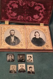 Assorted Tin Type Photo Portraits - Double In Damaged Case & 6 Miniatures  (117)