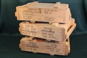3 Wood Ammo Crates, Made In Russia, 19x14x5'H Each (117)
