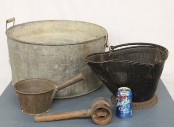 Antique Metal Lolt: Galvanized Tub, Coal Bucket, Scoop,   (119)