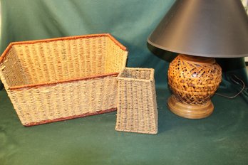 2 Vintage  Woven Baskets & 21'H Woven  Lamp  (11)