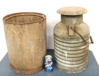 Small Milk Can, 19'H & Wood Barrel W/metal Band, 16'H  (122)