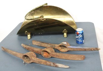 3 Pick Axe Heads  & Brass Fireplace Wood Holder  (123)