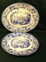 Antique 2 Large Porcelain Transferware Platters - 17x14 & 15x13   (123)