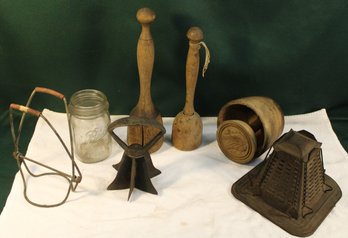 Antique Kitchen Items - Toaster, Wood Butter Mold, Canning Jar Holder, Chopper, 2 Mashers  (126)