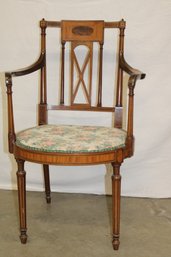 Antique Inlaid Mixed Woods Upholstered Seat Edwardian Arm Chair Inlaid, English, Ca 1890, 35'H  (127)