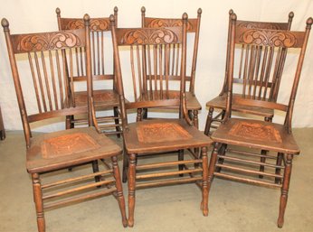 Beautiful Set Of 6 Antique Pressed Back Chairs W/ Cracked Pressed  Leather Seats  (12)