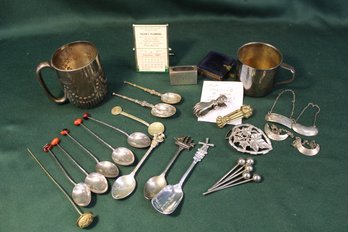 Misc. Lot -1967 Orland, Ca Adv Mirror, Spoons, 2 SP Cups, Glove Holders, Match Holder,  Belt Buckle,more (130)