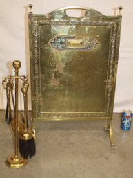 Antique Decoratively Embossed Brass Fireplace Screen & Tool Accessories Set (130)
