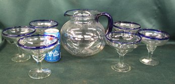 Hand Blown Glass Margarita Pitcher (7'H) & 6 Matching Glasses, (4.5'H) All W/blue Rim  (131)