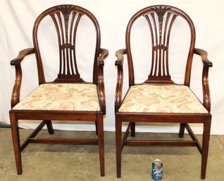 Matched Pair Sheraton Style Upholstered Seat, Carved  Arm Chairs W/rounded Tops  (134)
